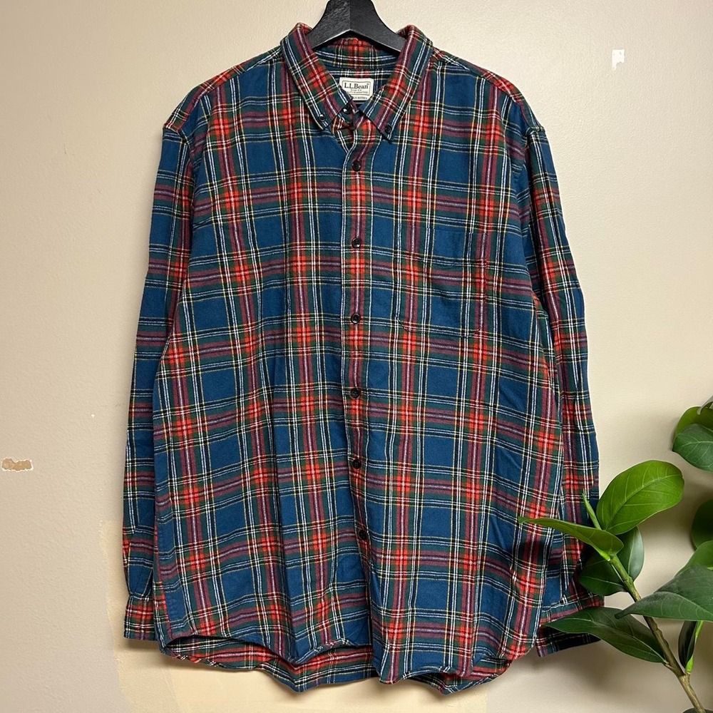 LL Bean Vintage 00s Navy Red Plaid Flannel Shirt Mens XL 298167 Slightly Fitted